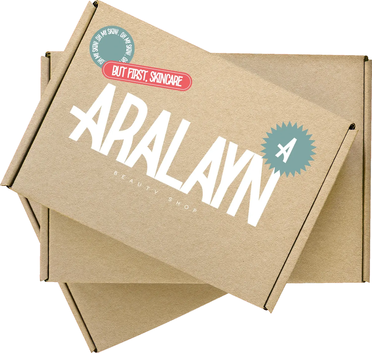 Dos cajas de envío de Aralayn en cartón kraft, con el logotipo impreso en blanco